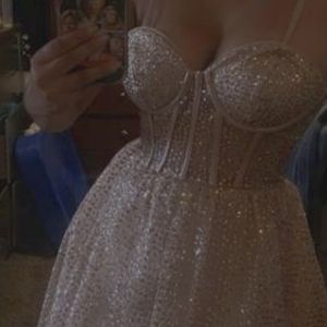 Strapless Sequin Corset A-Line Dress with Slit - Rose Gold